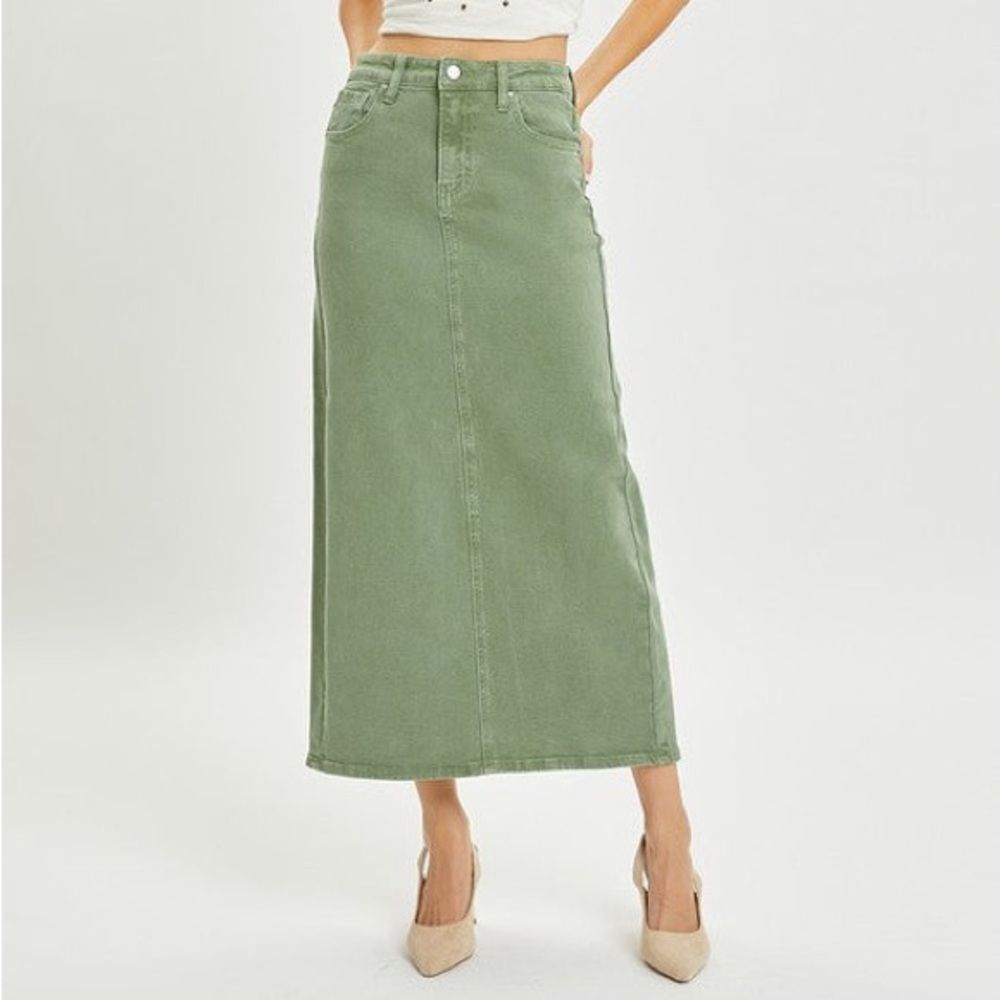 NWT Risen Olive Denim Maxi Skirt Size 1XL High Rise Stretch Midi Long Jean Skirt